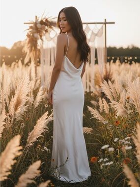 Abercrombie&Fitch Wedding White Satin Backless Slip Dress with Adj Pearl Straps